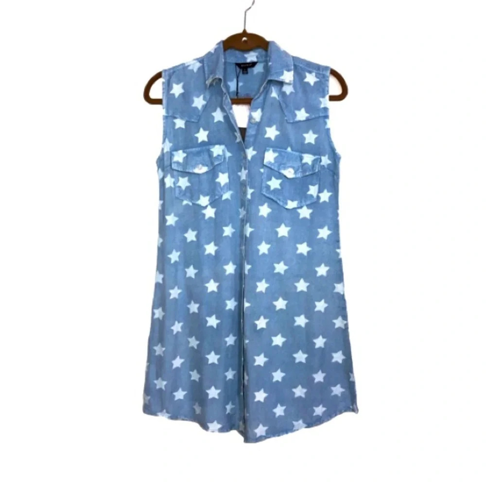 💐Sim&Sam Shirt  Dress S Chambray Blue White Stars Button Front Cowgirl